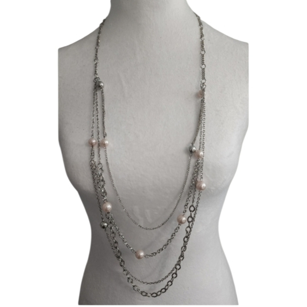 Silvertone Pink Layered Necklace Earring Set